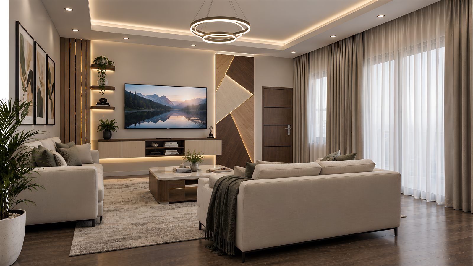 The living room: two sofas around a marble coffee table on a pale rug, a television on a timber-panelled wall with lit shelves, a ring pendant overhead, and full-height curtains across the balcony doors.