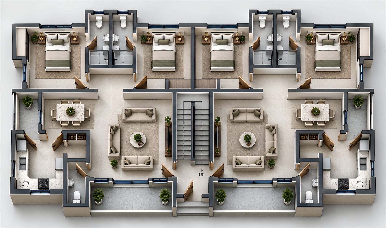 The typical floor drawn from above, repeated on the floor above: two mirrored flats either side of a central stair, each with two bedrooms and their shower rooms along the back, a living and dining room in the middle, a kitchen and a WC, and a balcony across the front.
