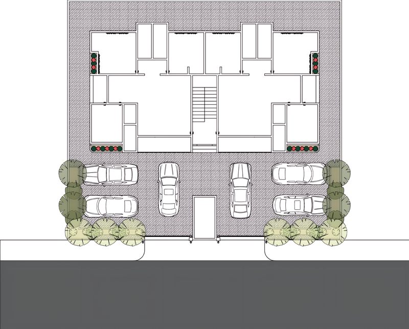Landscape plan: the building at the top with its flats drawn in, the paved forecourt below it holding six cars, planting beds down both boundaries, and trees along the pavement either side of the gate.