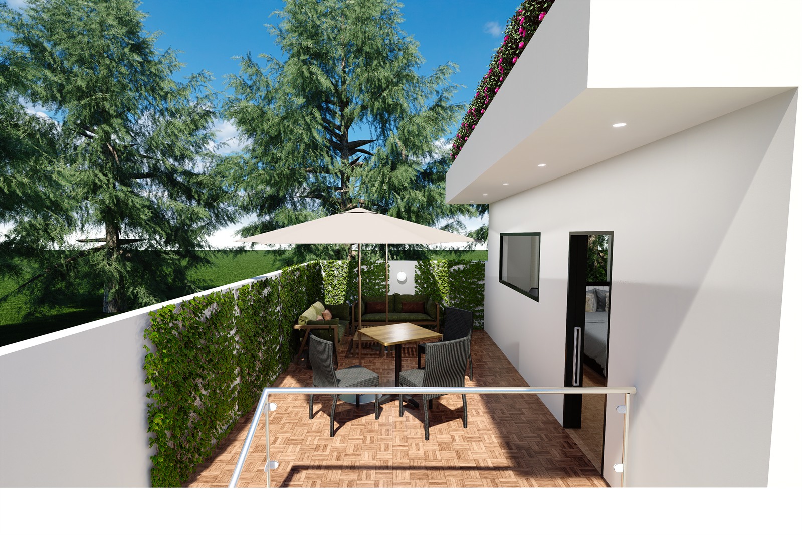 A roof terrace on the corner plot: a parasol over a timber table and chairs, climbing plants trained over the parapet and up the return wall.
