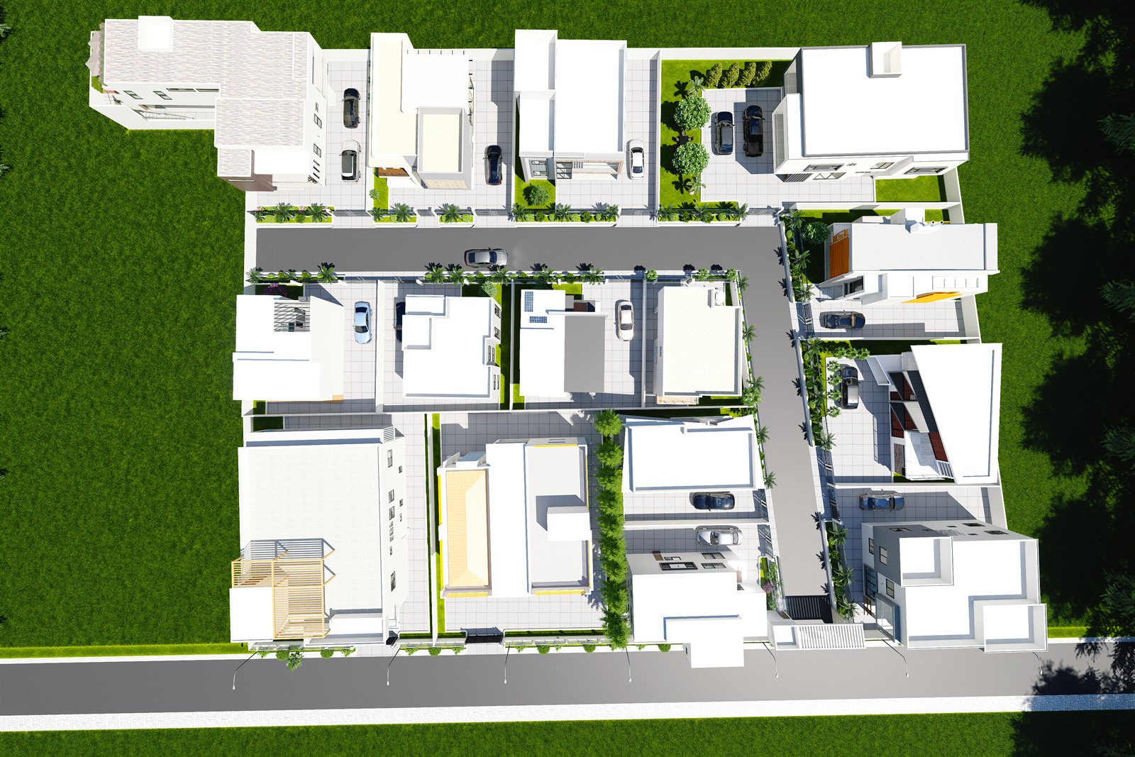 The estate from directly above: houses either side of an internal street, planted strips between the plots, parking bays along the frontages and a public road along the bottom edge.