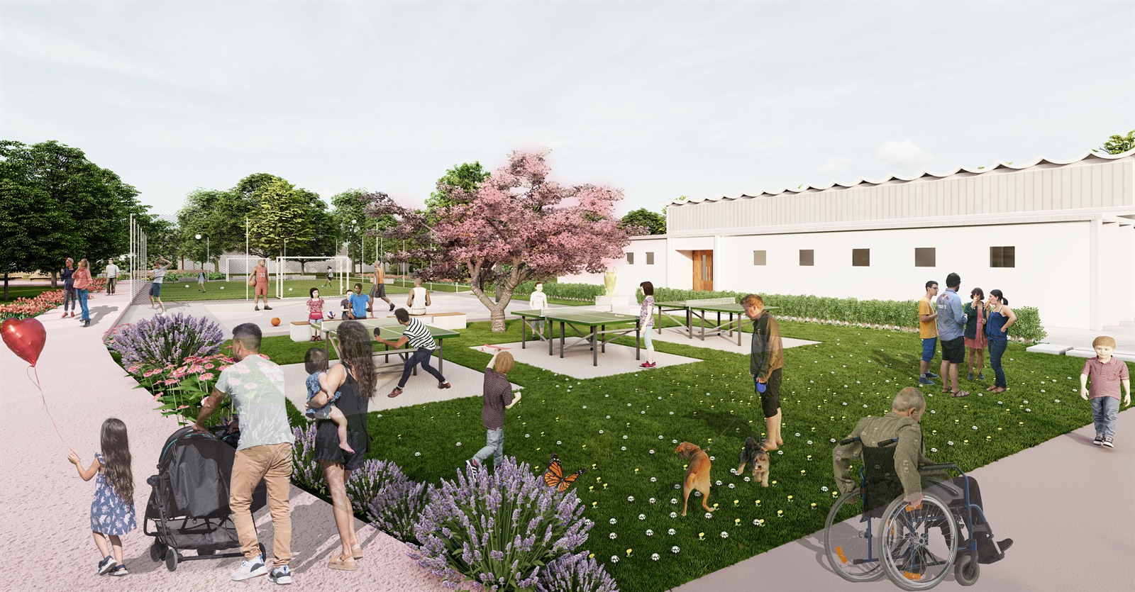Where Generations Unite: table tennis and a basketball court under a flowering cherry, with people of every age using the space.