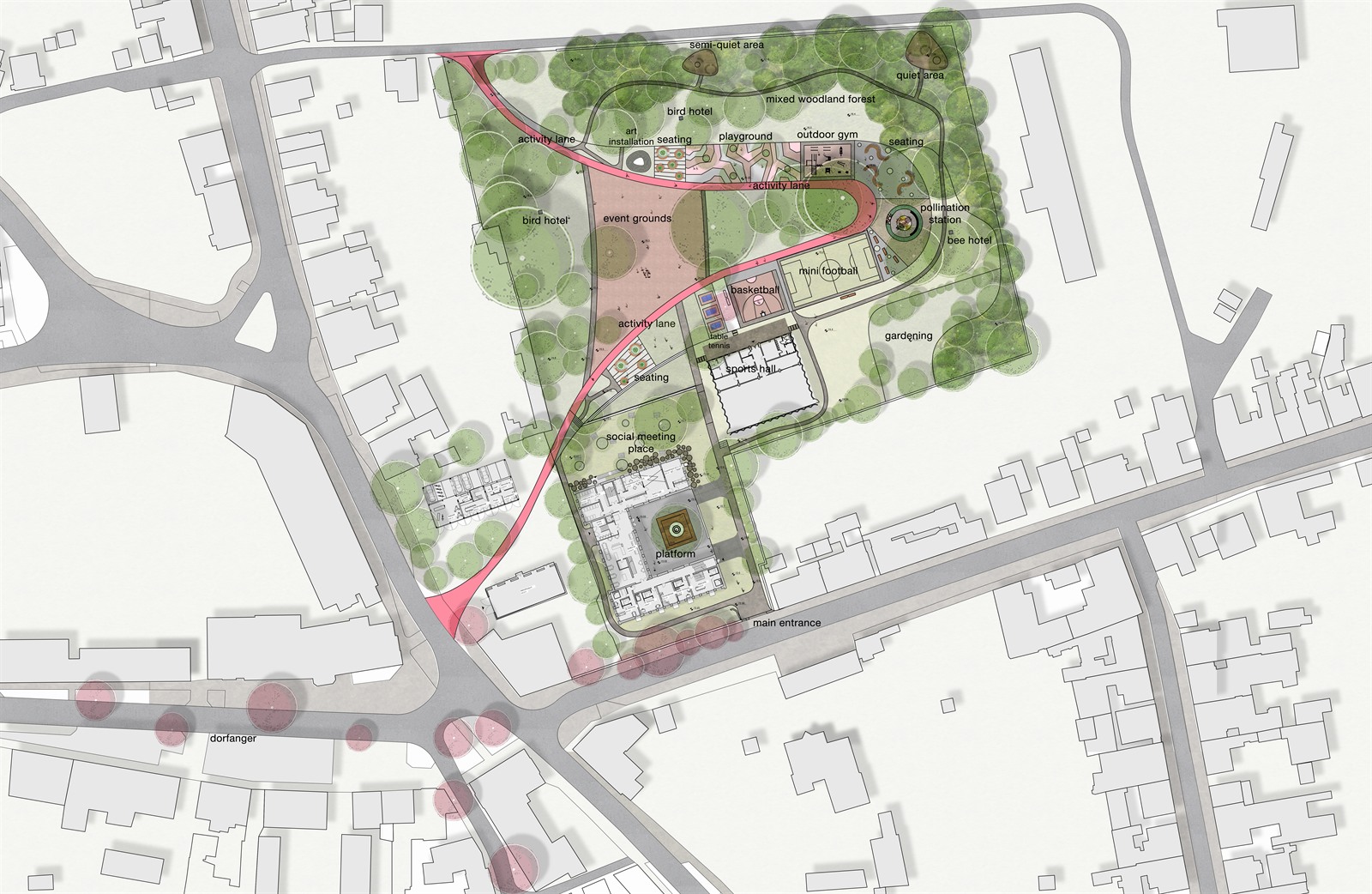 Masterplan of the scheme set into the surrounding village: an activity lane looping through the green, with playground, outdoor gym, mini football and basketball to one side, event grounds and a social meeting place at the entrance, and a mixed woodland forest, quiet area, gardening plots, bird hotels and a pollination station around the edges.