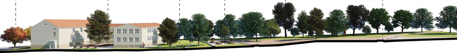 A long section across the whole scheme, running from the entrance and its pink cherry blossom tree, past the platform and the social meeting space, through seating and the event grounds to the activity lane, with the ground falling gently away to the right.