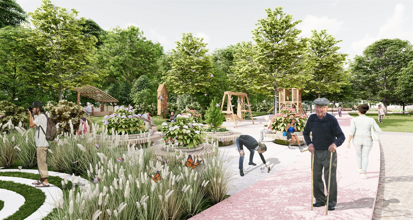 The quiet end of the scheme: raised planting beds edged in woven willow, ornamental grasses and butterflies in the foreground, a timber shelter and a play structure beyond, and an older man walking the activity lane with two sticks.