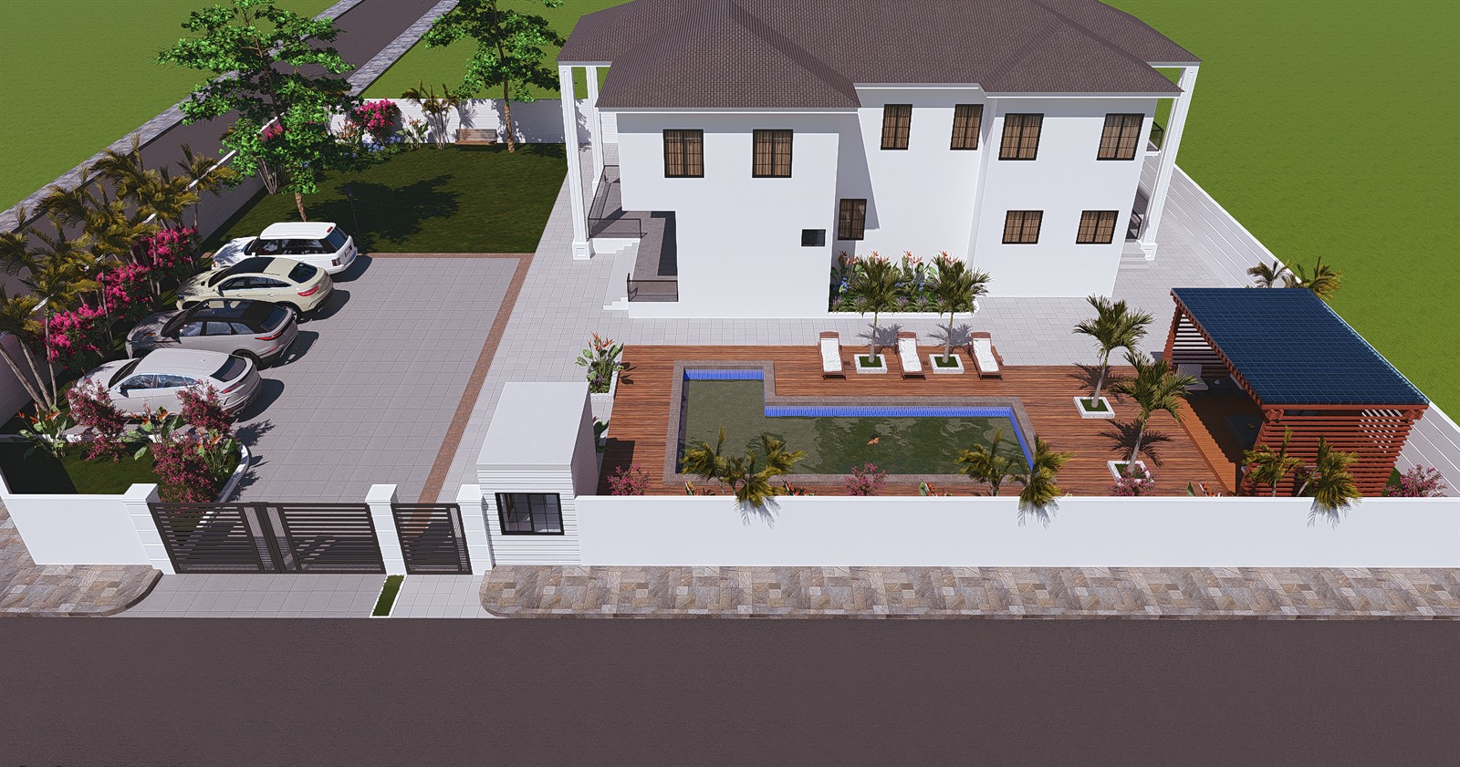 The garden seen from above: the house at the top, a pool and timber deck at its foot, a pergola to one side and a parking court behind the street wall.