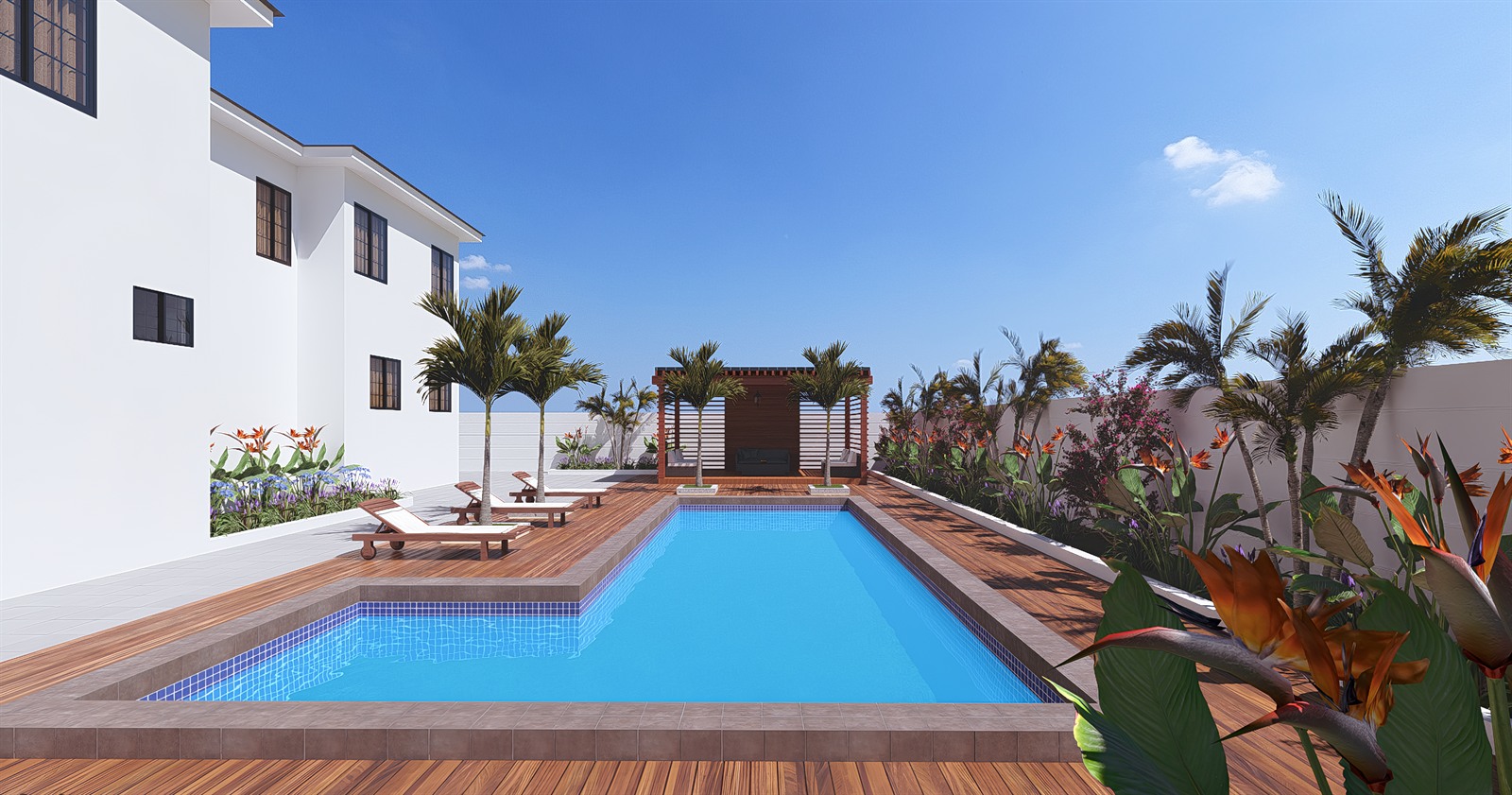Project Maxpro: the pool and timber deck, with a pergola at the far end and planting along the wall.