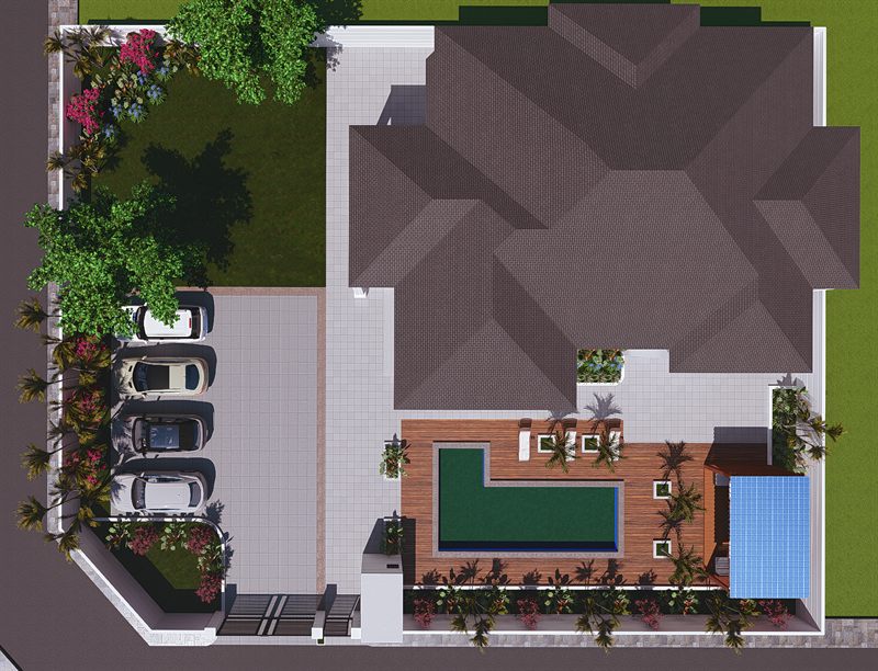 Project Maxpro from directly above: the tiled roof of the house at the top right, a parking court with four cars at the left, the pool and timber deck in the middle, lawn at the top left, and planting beds with palms along every boundary.