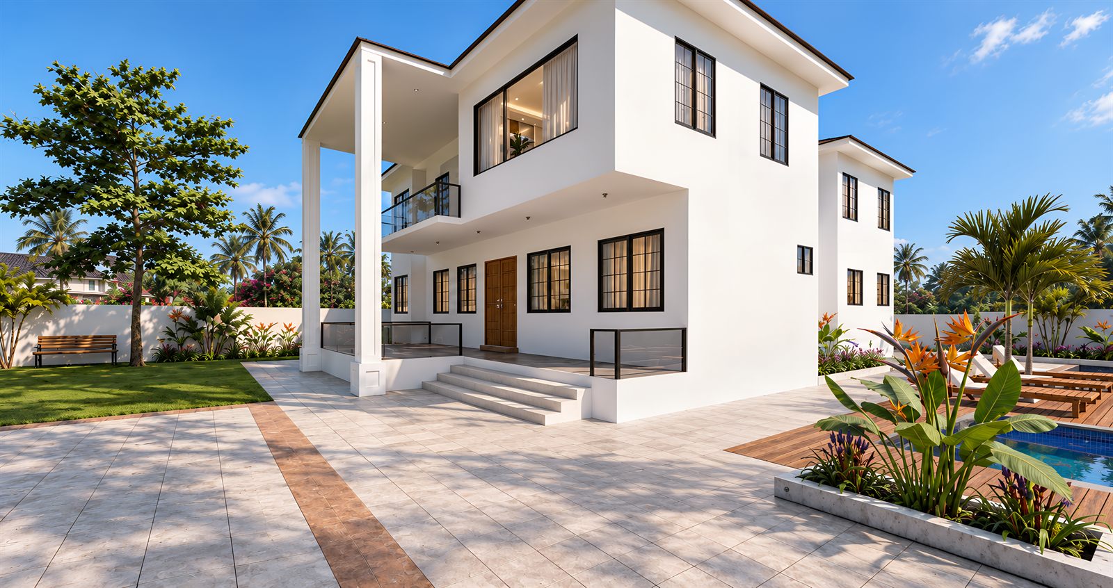 The house from the paved forecourt: two storeys in white render, a recessed entrance with steps up to it and a balcony over, columns carrying a canopy to the left, lawn beyond and bird-of-paradise planting to the right.