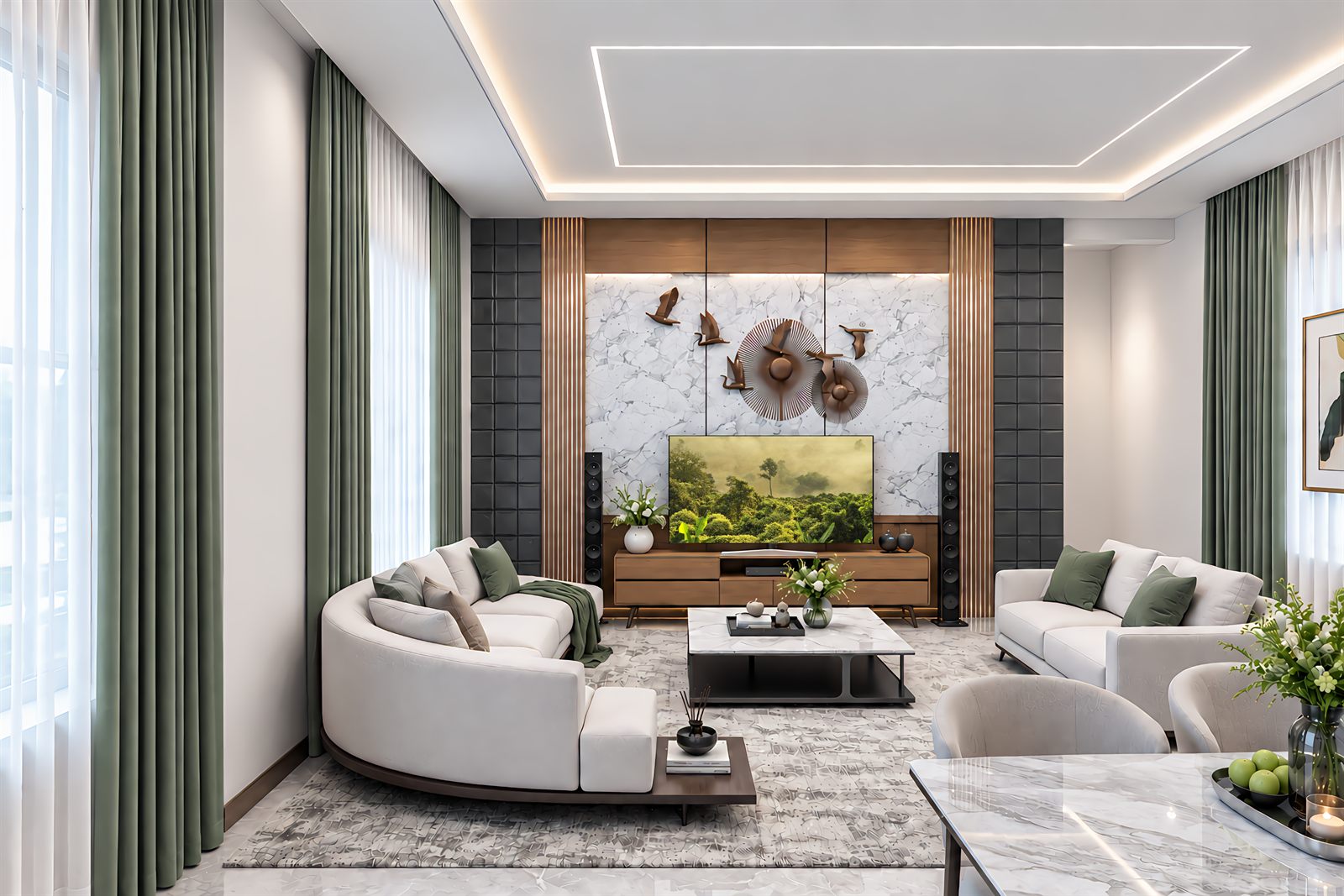 The living room: a curved cream sofa on the left and a long sofa on the right, set around a low marble table on a grey rug and turned towards a television in a marble panel framed by timber posts and brass wall sculptures, with full-height green curtains across the windows.