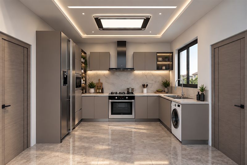 The kitchen: grey-fronted units in a U under a recessed ceiling panel, an extractor over the hob, a window above the sink and timber doors on both sides.