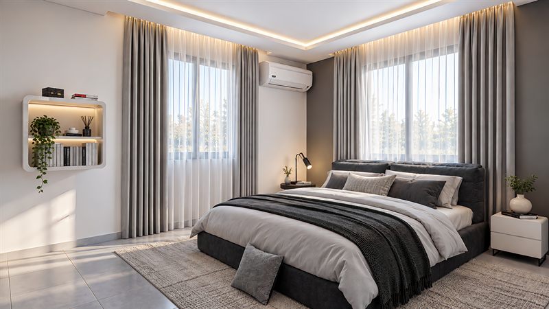 The bedroom from the far corner: the bed against a dark accent wall, full-height curtains across two windows with a split air conditioner centred between them, a wall shelf on the near wall, a reading lamp on one bedside table and a white cabinet on the other.