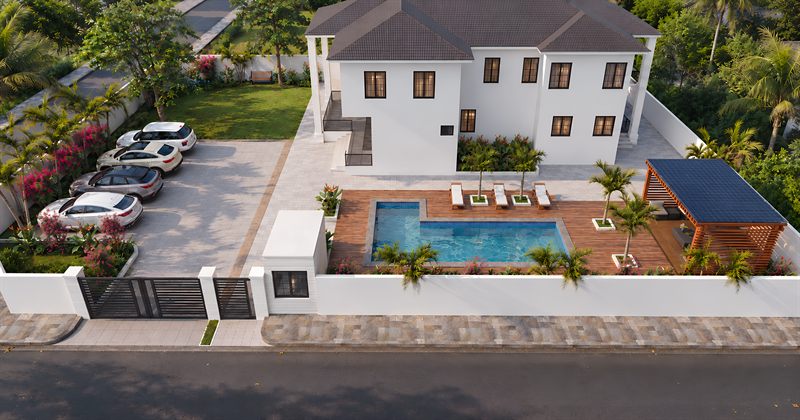 Project Maxpro: the garden from above, the house at the top, a pool and timber deck at its foot.