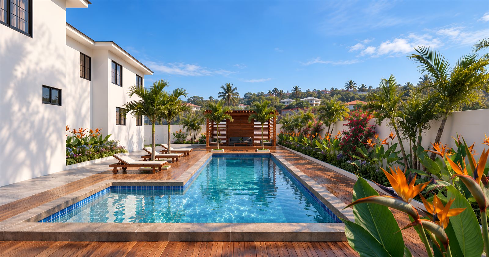Project Maxpro: the pool and timber deck, with a pergola at the far end and planting along the wall.