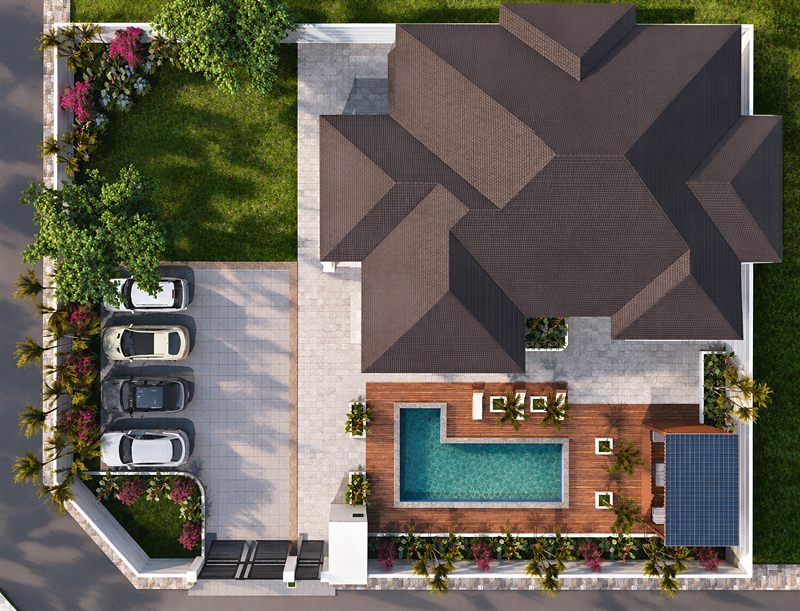 The whole plot from directly above: the tiled roof of the house at the top right, a parking court with four cars at the left, the pool and timber deck in the middle, lawn at the top left, and planting beds with palms along every boundary.