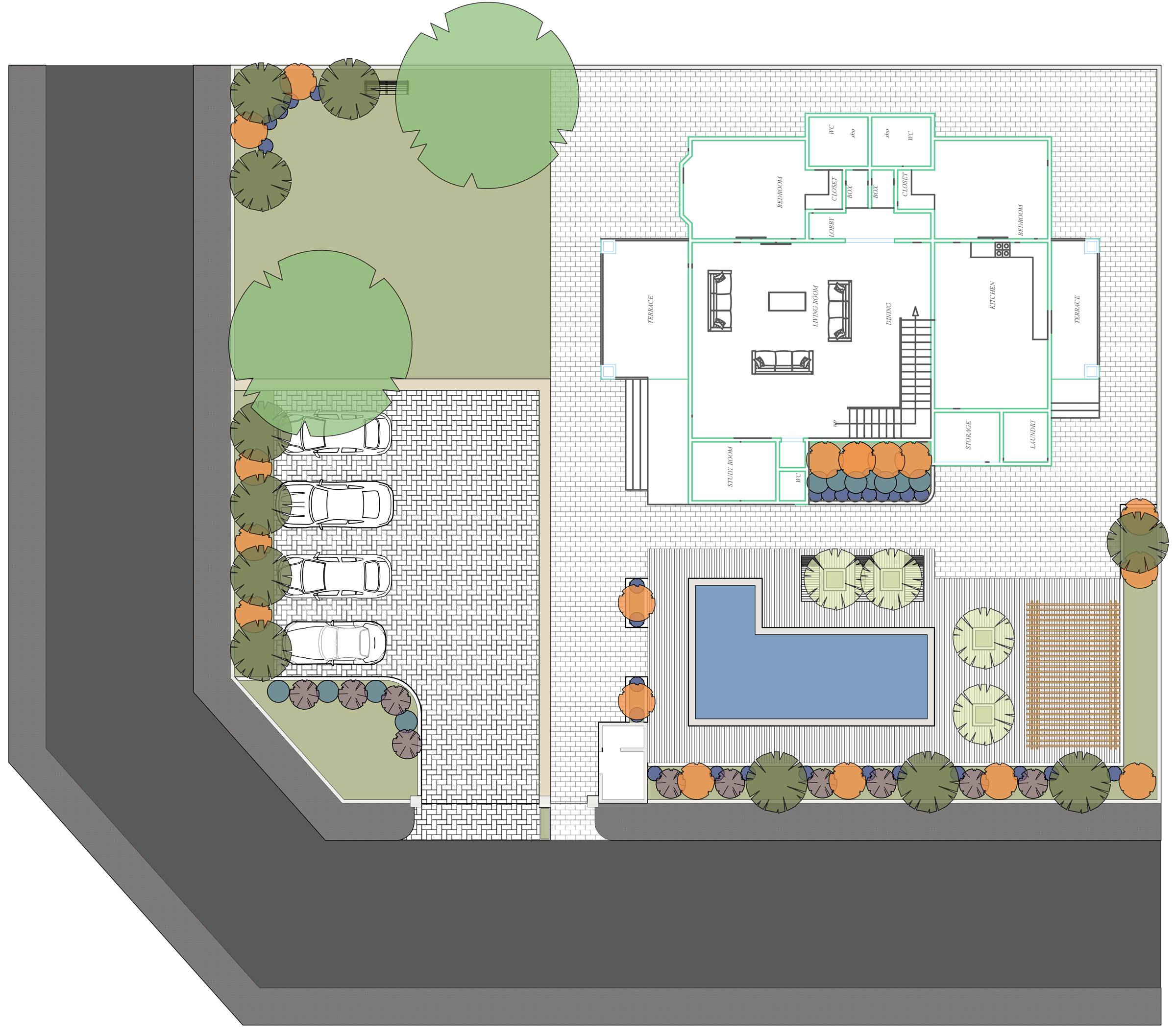 Landscape plan: the house and terraces at the top, the pool and deck below them, a parking court of four bays behind the street wall, and planting beds and tree canopies along every boundary.