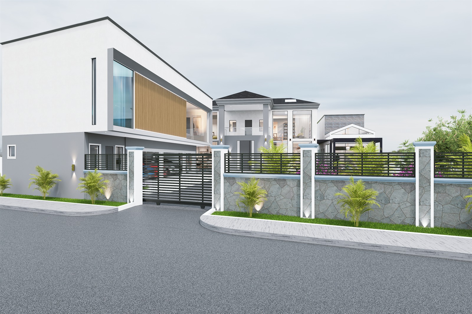 Project Onyx from the road, with a timber-clad upper bay over a covered carport and a stone-faced boundary wall.