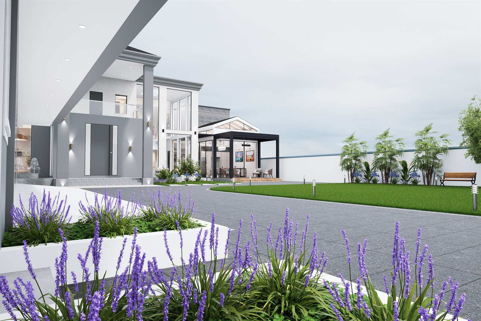 The compound from inside the gate: a canopy overhead, the entrance and a glazed garden pavilion beyond, lawn to one side and lavender in raised white planters along the drive.