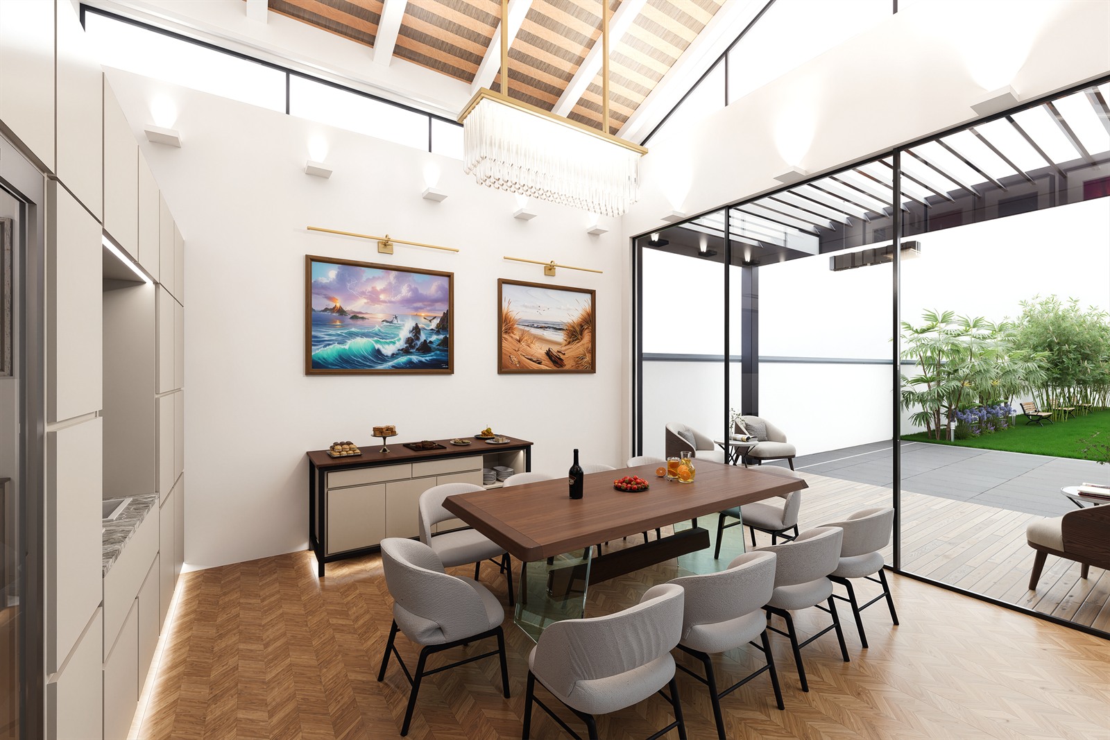 Inside the dining pavilion: a long timber table under a vaulted ceiling of exposed rafters, with a fully glazed wall opening to the deck and garden.