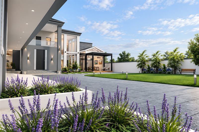 The compound from inside the gate: a canopy overhead, the entrance and a glazed garden pavilion beyond, lawn to one side and lavender in raised white planters along the drive.