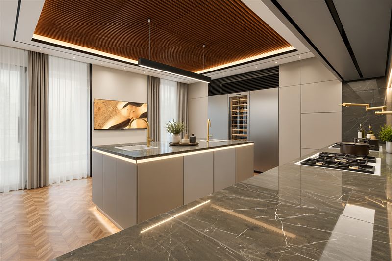 The kitchen, with a slatted timber ceiling over a stone-topped island and a tall wine cabinet set into the run behind it.