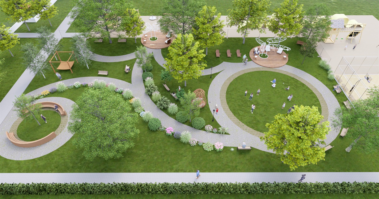 The garden seen from above: looping paths through lawn, curved timber benches, planting beds, timber pods and a play structure along the far edge.