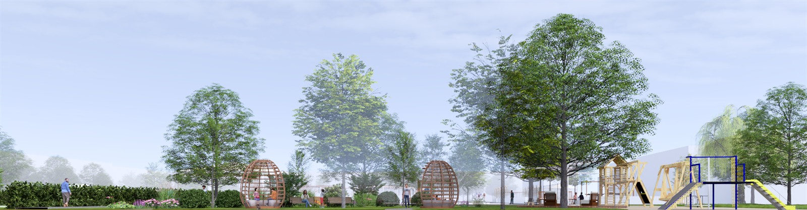 A long section through the garden, left to right: hedge and planting, a timber pod, tree canopy, a second pod, the deck, and the play structure at the far end.