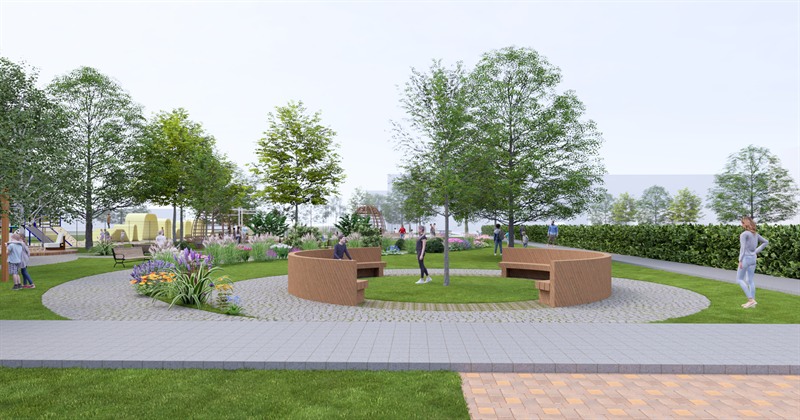 Two curved timber benches facing each other across a paved circle, with a planting bed to the left and the play area beyond.