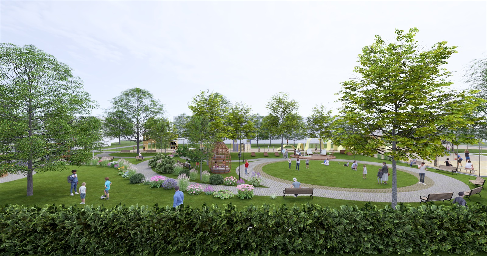 Sensory Garden: looping paths through lawn, curved timber benches and timber pods.