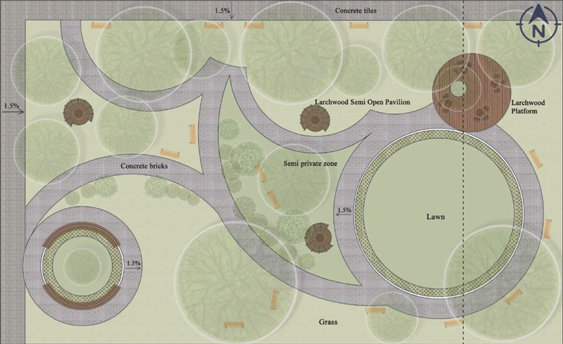Detail plan of the Sensory Garden, naming every surface: concrete tiles along the north edge, concrete bricks for the looping paths, grass and a circular lawn, a larchwood platform to the north-east and a larchwood semi-open pavilion, with a semi-private zone at the centre and falls of 1.5 per cent marked in four places.