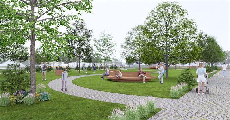 A circular timber bench set around a tree on open mown lawn, with setts paths curving through the grass, ornamental grasses and a flower bed in the foreground, and people sitting on the ring.