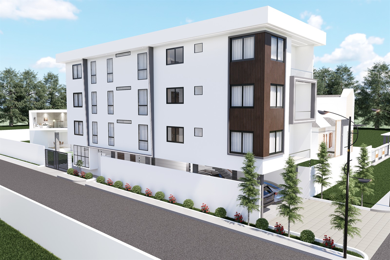 St. Luke Apartment seen from the road, four storeys with a timber-clad bay on the near corner.