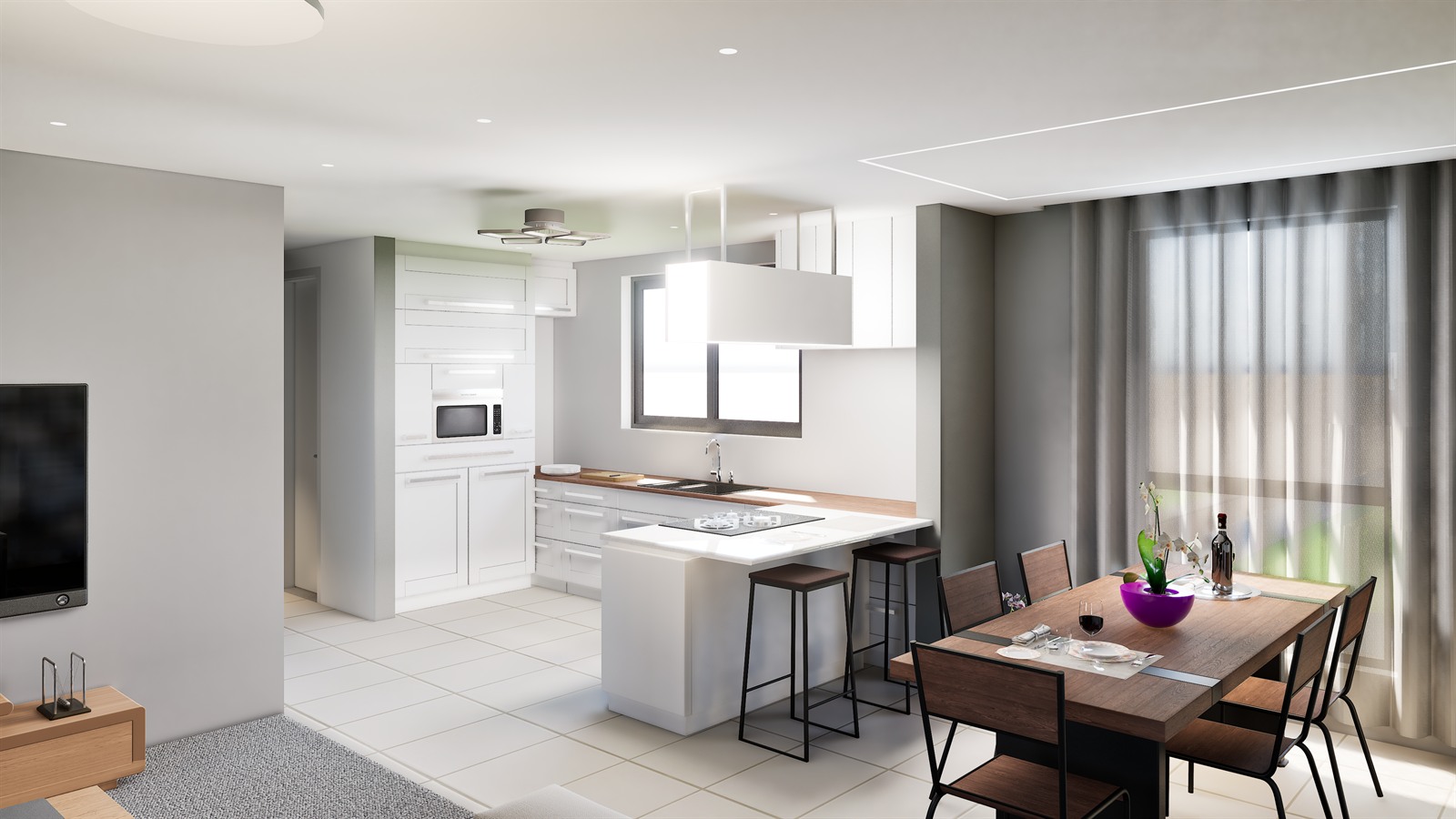 The kitchen and dining area, with a peninsula and stools between the run of units and the dining table at the window.