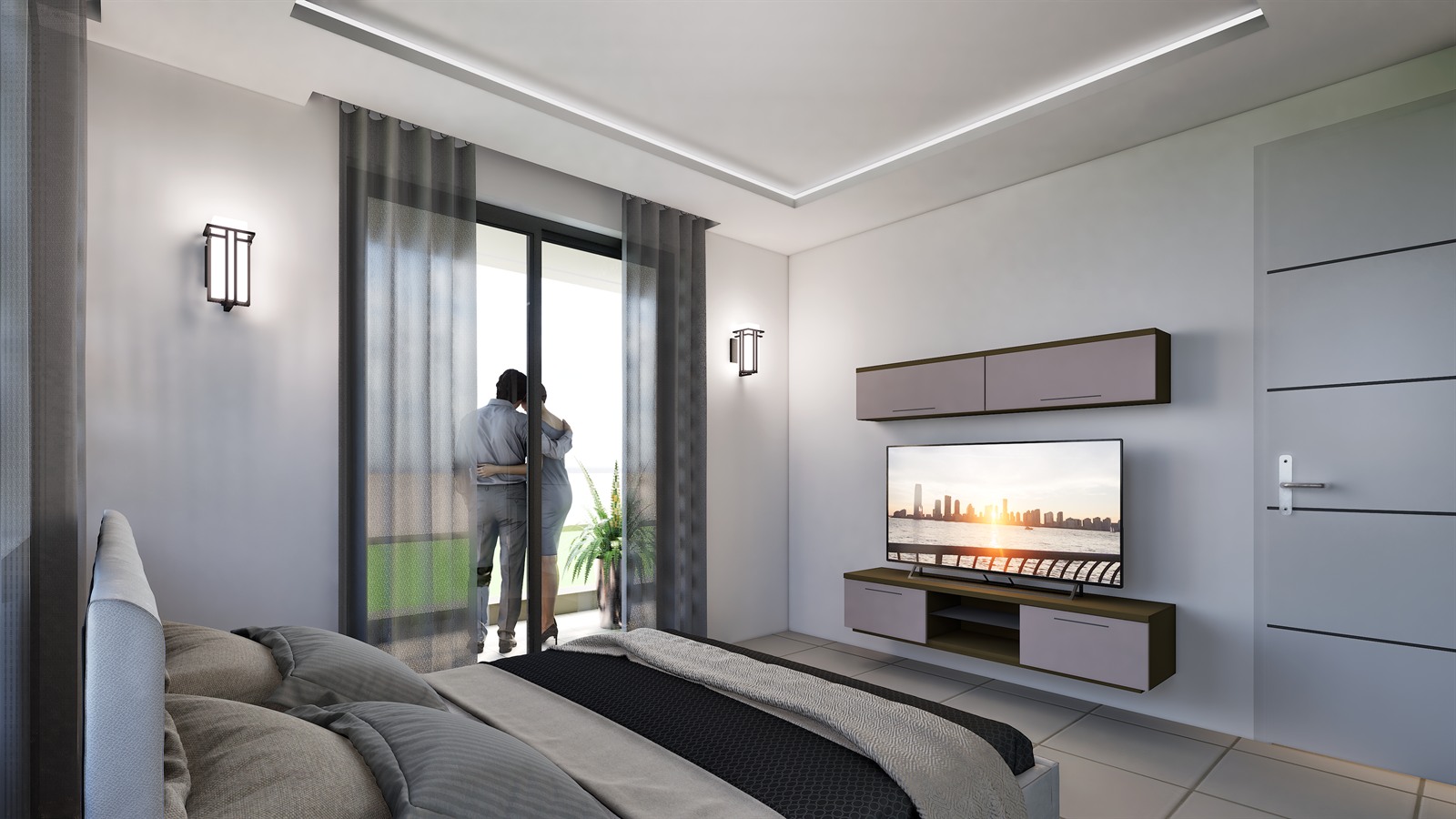 A bedroom with the balcony door open at the far wall and a television on a wall-hung unit opposite the bed.