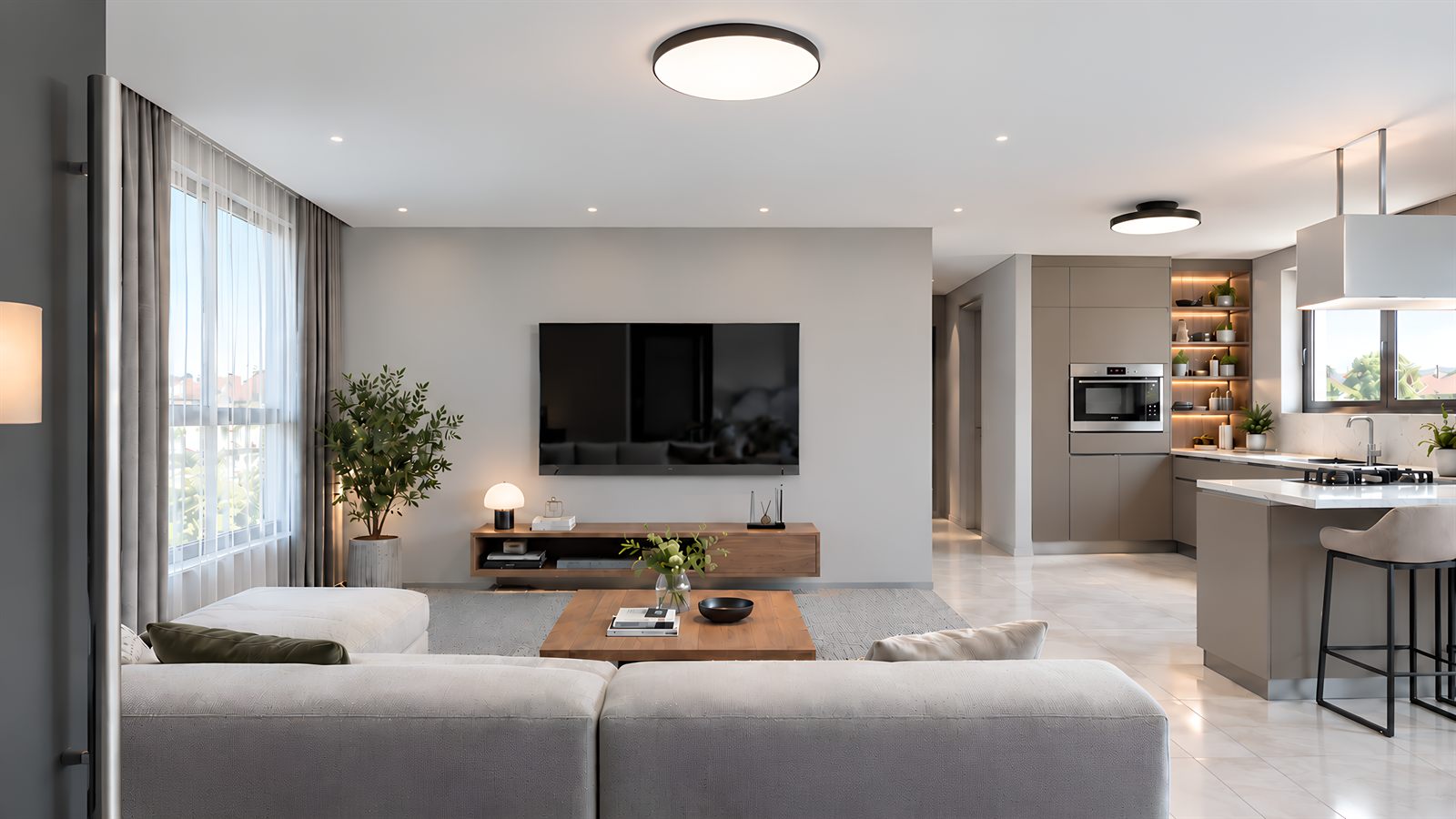 The living area: a pale grey corner sofa and a timber coffee table facing a wall-hung television on a white wall above a long timber unit, a curtained window to the left, and the kitchen open through to the right.