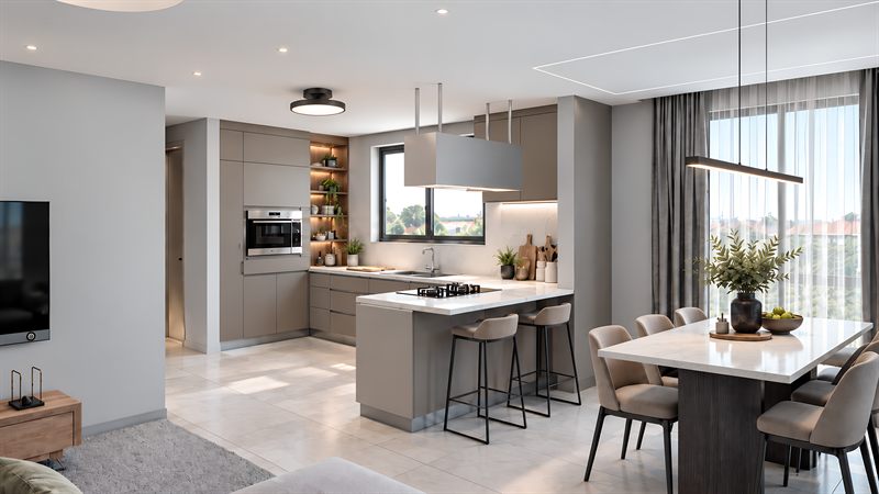 The kitchen and dining area, with a peninsula and stools between the run of units and the dining table at the window.