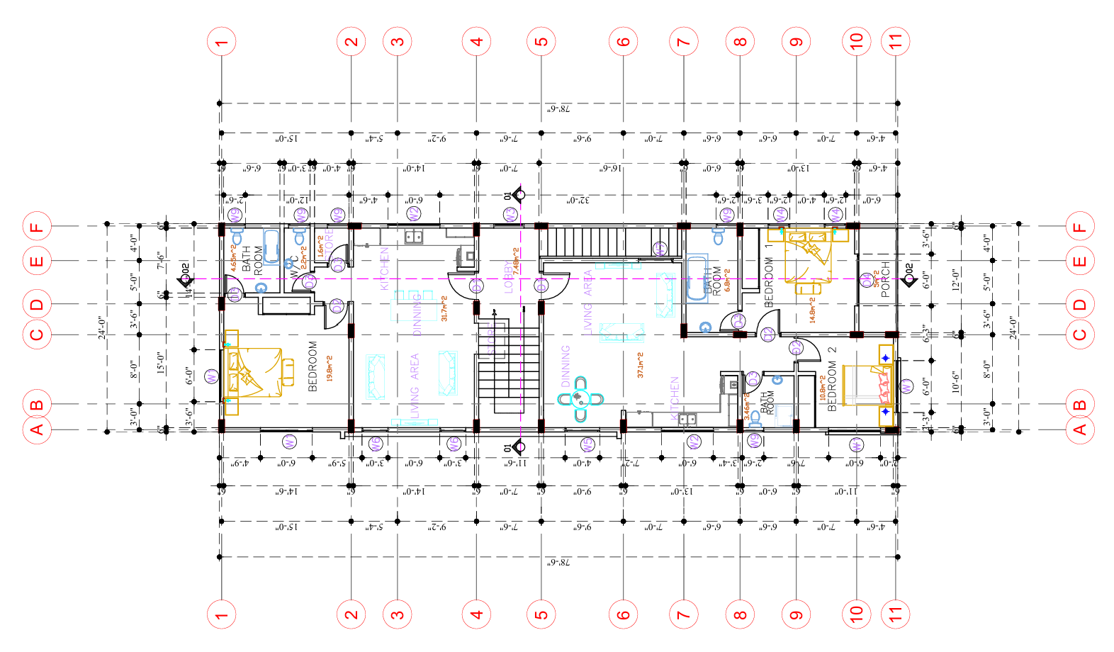 Typical floor plan: a one-bedroom flat and a two-bedroom flat either side of the stair and lobby, with grid references, room names, dimensions and floor areas as drawn.