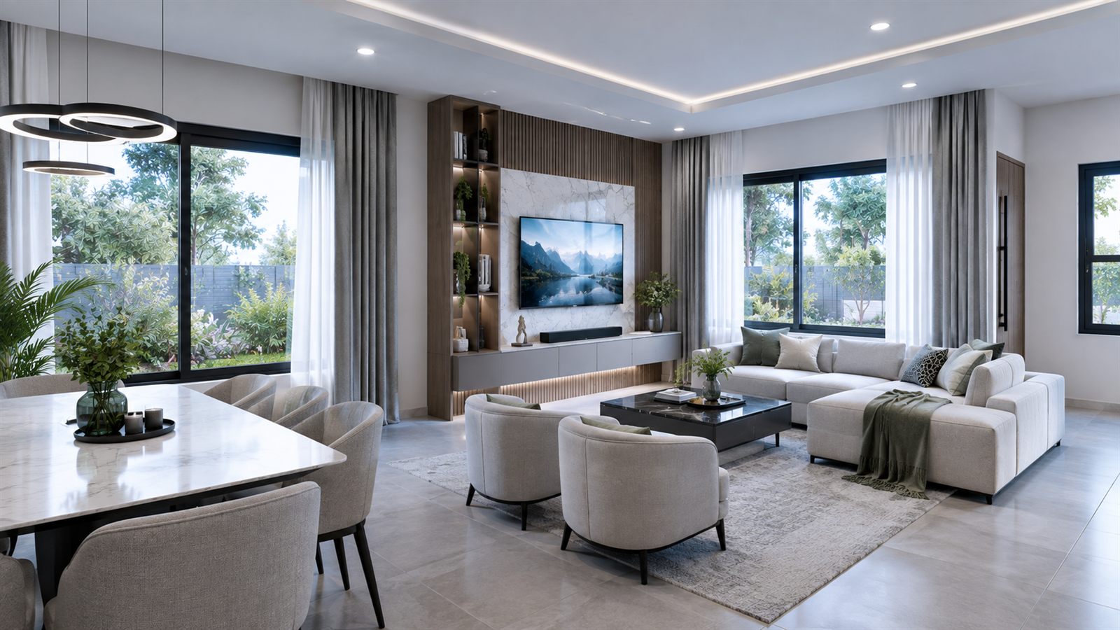 The living room: a white corner sofa and two armchairs around a dark marble coffee table, facing a television set into a marble panel between lit timber shelves and slatted timber, with sliding windows onto the garden and the marble-topped dining table in the foreground.