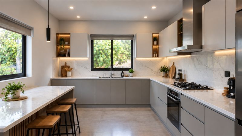 The kitchen: grey units under marble-look worktops and splashback, the sink below a window at the back, a hob and a steel extractor on the right, and an island with three timber stools on the left.