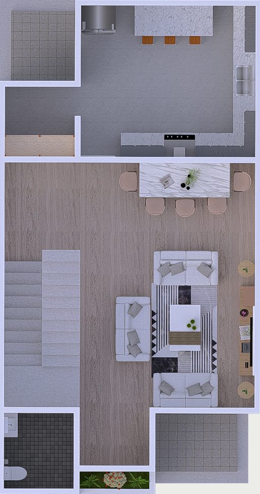 Ground floor plan: the enclosed kitchen with its island across the back, the dining table and the living room in one open space, the stair on the left and a visitors’ WC at the front.