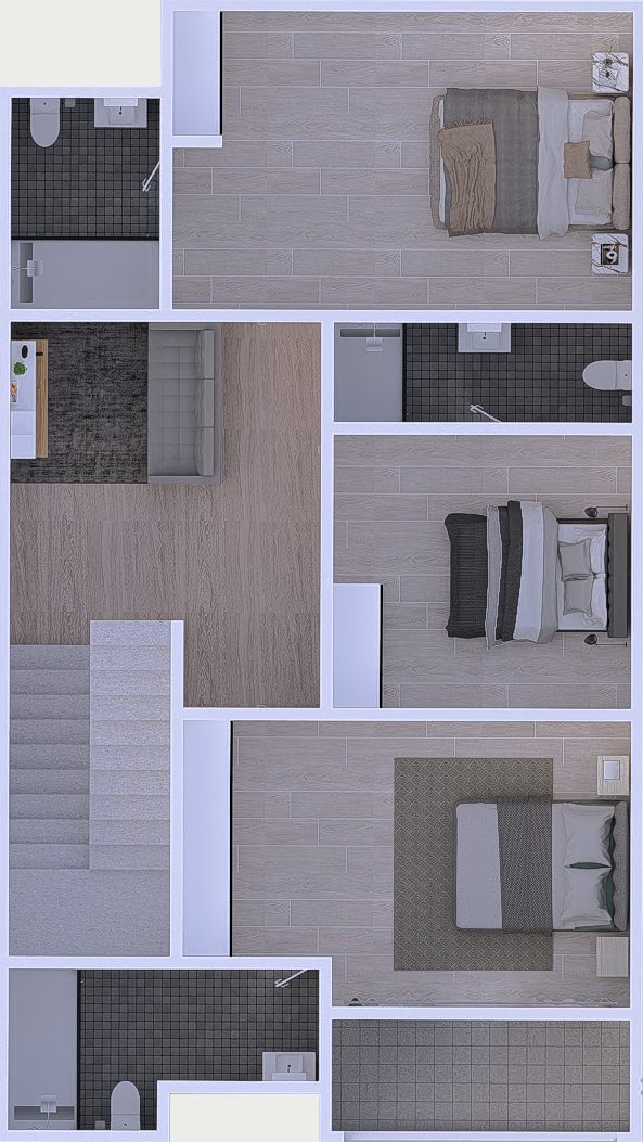 First floor plan: three en-suite bedrooms, a lounge at the top of the stair and a balcony at the front.