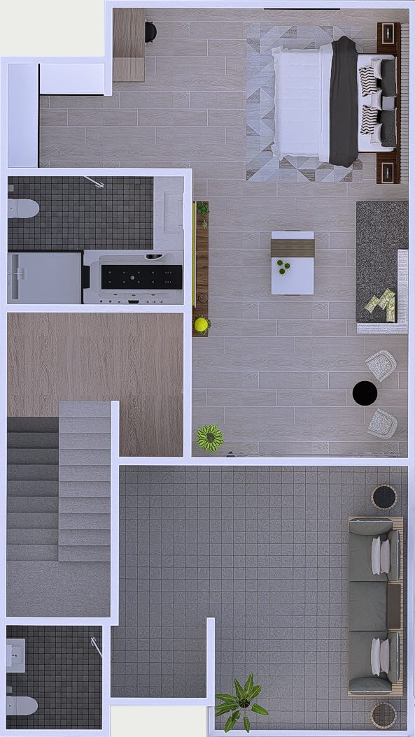 Second floor plan: the master bedroom with a sitting area and a bathroom with a bath, and a balcony across the front with its own WC.