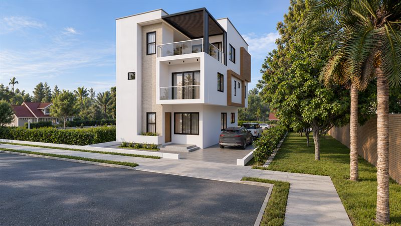 Minimalistic Three Level Project from the street: three storeys in white render with grey stone cladding, framed balconies on the upper floors and a pergola over the top-floor balcony.