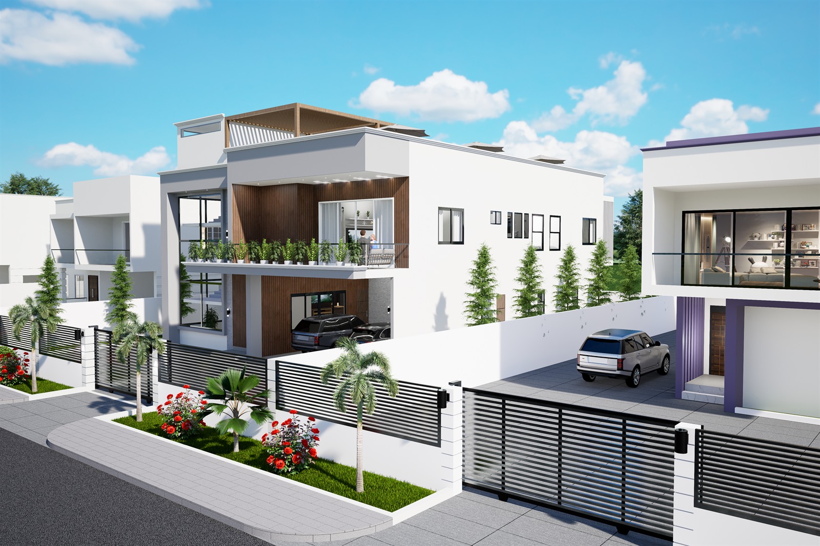 Project Topaz from the street corner, two storeys in white render with a timber-clad bay.