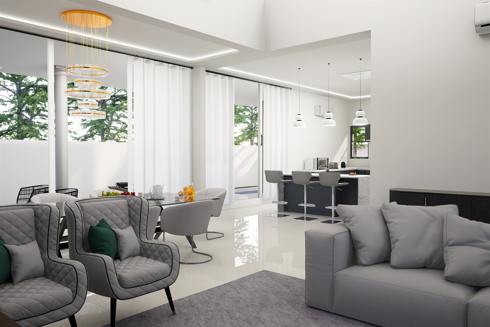 The living and dining space, with armchairs and a dining table in front of full-height curtained glazing and the kitchen island beyond.
