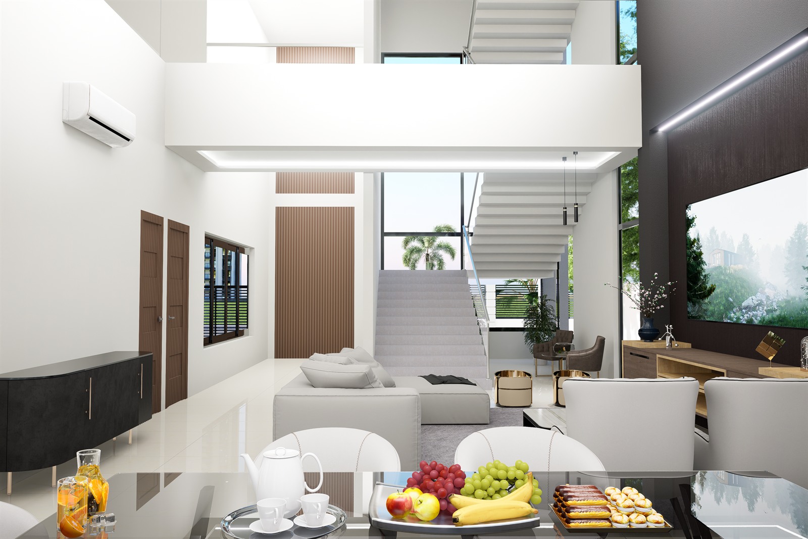 The double-height living room at Project Topaz seen past the dining table: a stair rising to an upper walkway, a slatted timber panel on the left and full-height glazing to the garden.