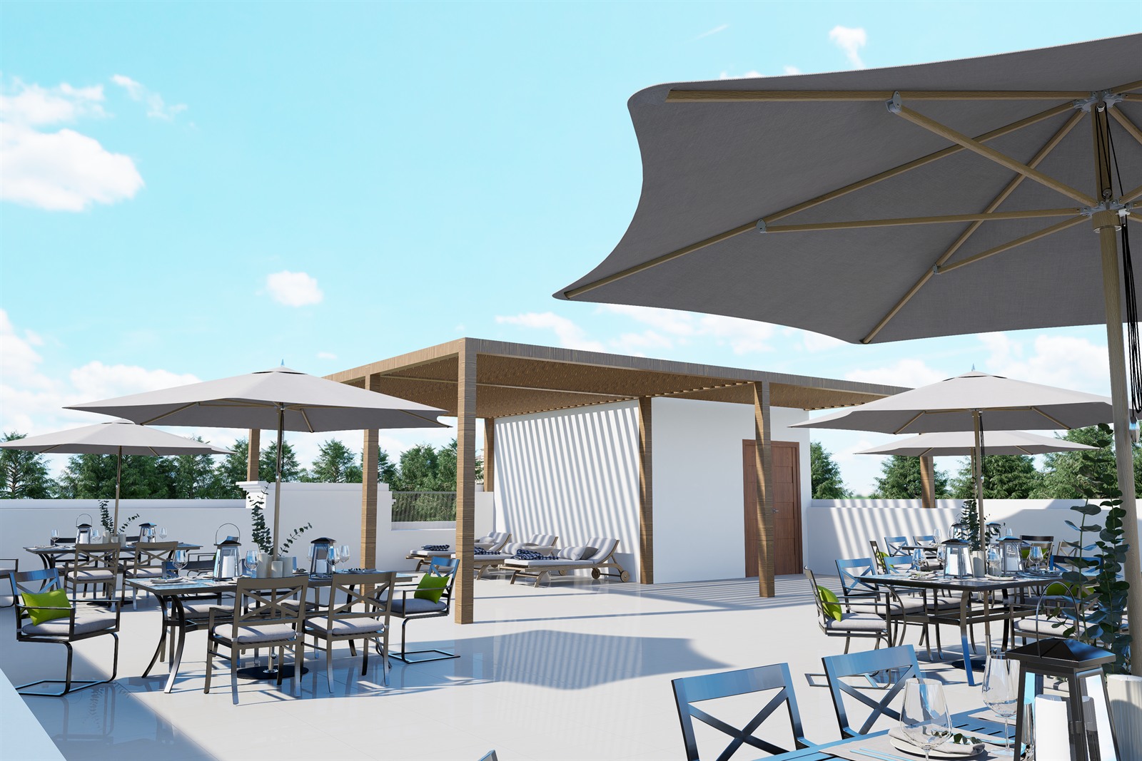 The roof level: a paved terrace with a timber pergola over loungers, dining tables under canvas umbrellas, and a white parapet closing the edge.
