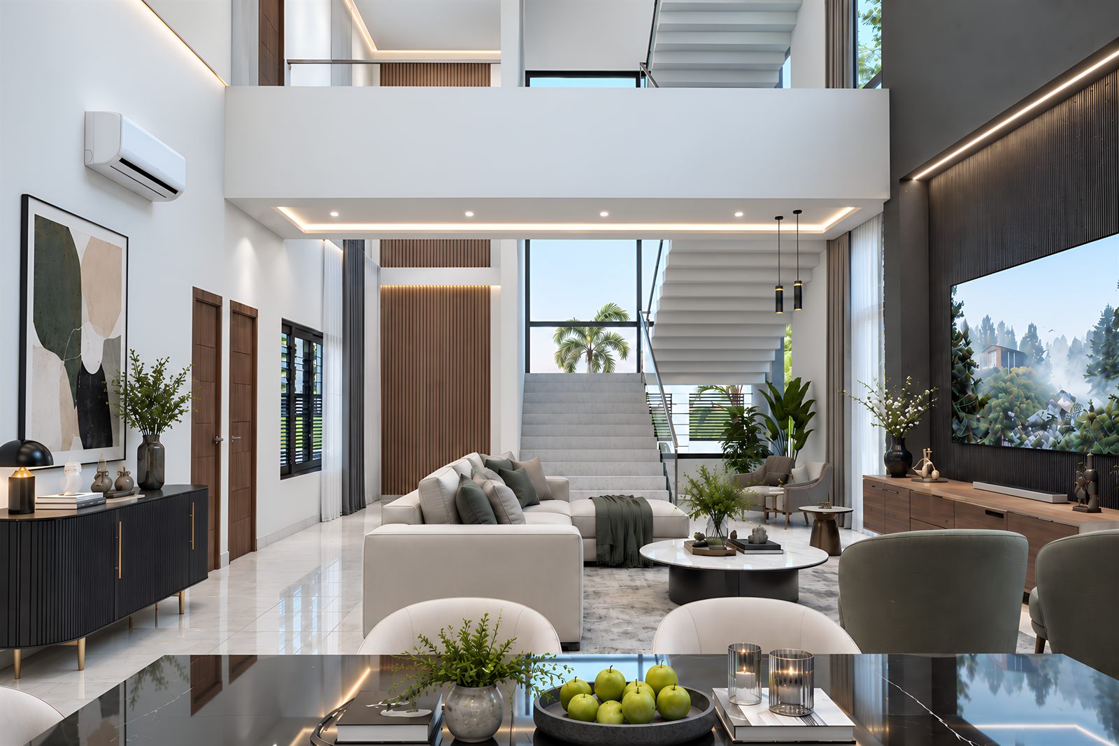 The double-height living room at Project Topaz seen past the dining table: a stair rising to an upper walkway, a slatted timber panel on the left and full-height glazing to the garden.
