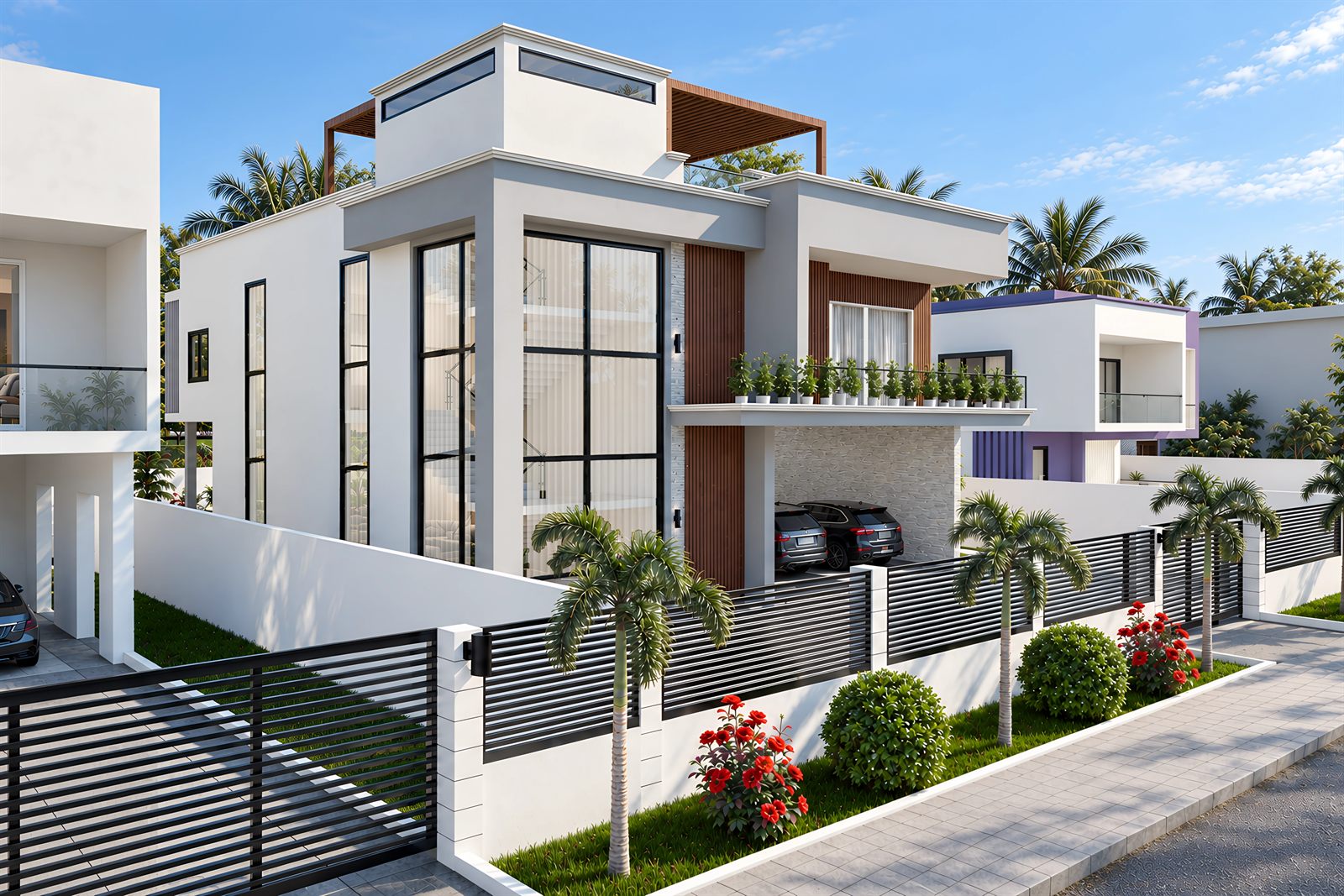 The house from the approach: the glazed stair bay running the full height, the roof-level volume with a timber-faced canopy above it, planting in troughs along the first-floor edge, a car under the carport, and the boundary wall and slatted fence running along the pavement behind palms and clipped shrubs.