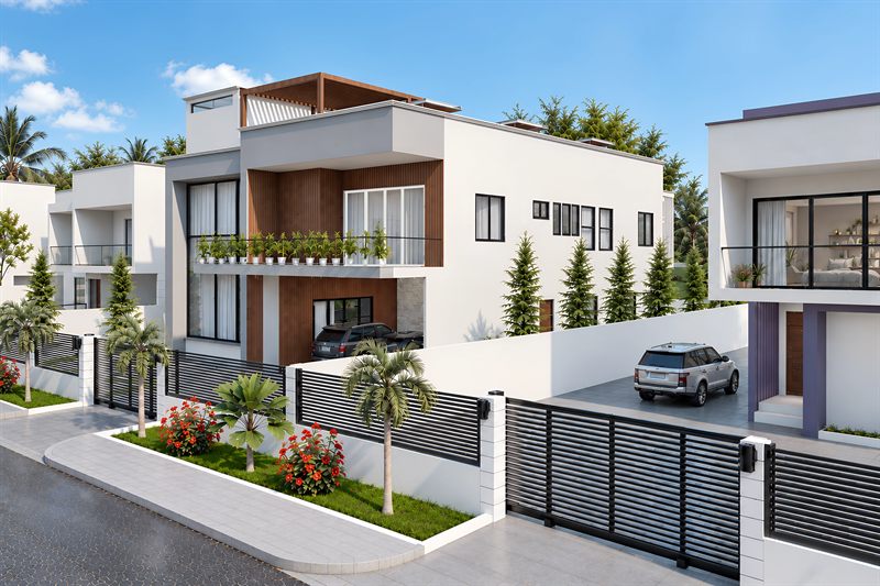 Project Topaz from the street corner: two storeys in white render with a timber-clad bay, a covered carport below the first floor, and a slatted gate and boundary wall with palms behind it.